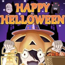 3girls :d bandaged_head bandages basket black_eyes black_hair candy candy_wrapper castle chrome_(mon-musu_quest!) colored_skin commentary_request fingernails food frederika_(mon-musu_quest!) gint=ktouka hair_between_eyes hair_over_one_eye halloween happy_halloween hat highres holding holding_basket holding_lantern horns jack-o&#039;-lantern lantern lollipop long_hair looking_at_viewer mon-musu_quest! mon-musu_quest:_paradox multiple_girls nurse_cap open_mouth orange_hat outdoors pale_skin partial_commentary pink_eyes pink_horns pumpkin pumpkin_(mon-musu_quest!) pumpkin_head purple_background purple_hat ringed_eyes silhouette small_pupils smile solo_focus star_(symbol) straight-on tongue tongue_out two-tone_hat typo upper_body witch_hat