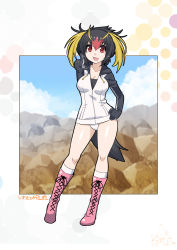 Rule 34 | 10s, black hair, boots, breasts, commentary request, hand on own hip, headphones, highres, hood, jacket, kemono friends, multicolored hair, rockhopper penguin (kemono friends), short hair, solo, thumbs up, umigarasu (kitsune1963)