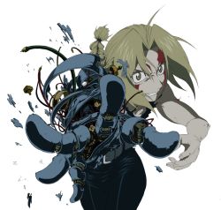Rule 34 | 1boy, ahoge, angry, automail, bad id, bad pixiv id, belt, blonde hair, blood, blood on face, braid, braided ponytail, breaking, clenched teeth, edward elric, frown, fullmetal alchemist, highres, long hair, looking at viewer, male focus, mechanical arms, outstretched hand, parody, prosthesis, shiro coffee (saiga), single braid, single mechanical arm, solo, style parody, teeth, white background, yellow eyes