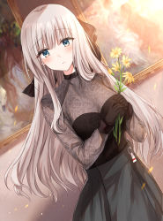 Rule 34 | 1girl, black gloves, black ribbon, black shirt, black skirt, blue eyes, blunt bangs, blush, breasts, commentary request, dutch angle, floral print, flower, gloves, hair ribbon, highres, holding, holding flower, honeycomb (pattern), indoors, kinona, long hair, long sleeves, medium breasts, original, painting (object), parted lips, petals, print shirt, ribbon, rose print, shirt, silver hair, skirt, solo, straight hair, very long hair, yellow flower