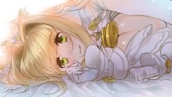 Rule 34 | 10s, 1girl, ahoge, bad id, bad pixiv id, bed, blonde hair, blush, bodysuit, breasts squeezed together, breasts, center opening, chain, cleavage, cuffs, fate/extra, fate/extra ccc, fate/grand order, fate (series), gloves, green eyes, hair intakes, head wreath, lock, looking at viewer, lying, nero claudius (bride) (fate), nero claudius (fate), nero claudius (fate), on bed, on side, padlock, pantsu (lootttyyyy), smile, solo, upper body, white background, white bodysuit, zipper