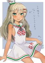 Rule 34 | 1girl, absurdres, blonde hair, blush, clothes lift, dress, dress lift, grecale (kancolle), green eyes, grey background, highres, kantai collection, long hair, looking at viewer, low-cut armhole, one-hour drawing challenge, revision, ribbon, sailor collar, sailor dress, side-tie dress, simple background, sleeveless, sleeveless dress, solo, striped neckwear, tan, toriniku senshi chikinman, translation request, two-tone background, wavy hair, white dress, white ribbon, white sailor collar