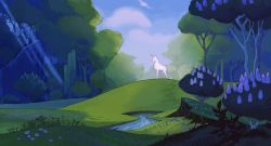 Rule 34 | day, forest, grass, highres, liridi, nature, no humans, outdoors, plant, solo, the last unicorn, the unicorn (the last unicorn), tree, unicorn, water