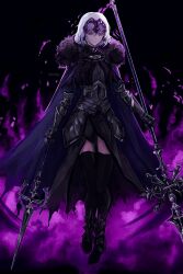 Rule 34 | 1girl, armor, black background, black thighhighs, cape, chain, closed mouth, dual wielding, expressionless, fate/samurai remnant, fate (series), fire, full body, fur-trimmed cape, fur trim, gauntlets, headpiece, highres, holding, holding polearm, holding weapon, jeanne d&#039;arc alter (fate), jeanne d&#039;arc alter (lancer) (fate), long sleeves, looking down, mz6gp, polearm, purple cape, purple fire, sabaton, short hair, solo, thighhighs, twitter username, weapon, white hair