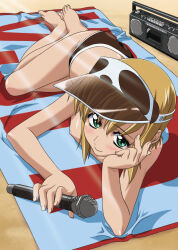 Rule 34 | 1boy, arm support, ass, blonde hair, boku no pico, boombox, brown male swimwear, brown swim briefs, fingernails, from above, green eyes, head rest, holding, holding microphone, looking at viewer, looking up, lying, male focus, male swimwear, microphone, nipples, official art, on stomach, pico (boku no pico), short hair with long locks, smile, swim briefs, swimsuit, toenails, toes, topless male, trap, visor cap, yoshiten