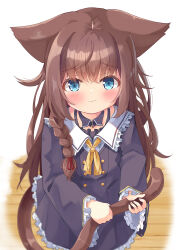 Rule 34 | 1girl, animal ears, black dress, blue eyes, blush, braid, brown hair, cat ears, cat girl, cat tail, center frills, closed mouth, collared shirt, commentary request, commission, dress, frilled shirt collar, frilled sleeves, frills, hair between eyes, hair over shoulder, highres, holding own tail, long hair, long sleeves, looking at viewer, manabe mana, original, shirt, simple background, single braid, skeb commission, sleeves past wrists, solo, tail, very long hair, wavy mouth, white background, white shirt, wide sleeves, wooden floor