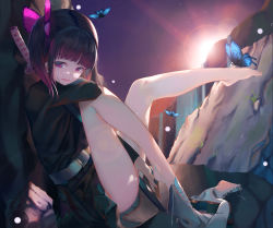 Rule 34 | 1girl, black hair, black jacket, black skirt, blunt bangs, breasts, bug, butterfly, butterfly hair ornament, butterfly on foot, closed mouth, from side, gradient hair, grey footwear, hair ornament, holding, holding sword, holding weapon, insect, jacket, kimetsu no yaiba, lens flare, long sleeves, looking at viewer, medium hair, miniskirt, multicolored hair, nekobell, no socks, pleated skirt, purple eyes, purple hair, sheath, sheathed, sideboob, sitting, skirt, solo, sword, tsuyuri kanao, weapon
