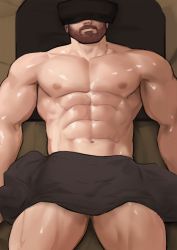 Rule 34 | 1boy, abs, bara, bare pectorals, beard, bulge, covered eyes, dopey (dopq), facial hair, feet out of frame, from above, highres, large pectorals, lying, male focus, mature male, muscular, muscular male, mustache, naked towel, navel, nipples, on back, original, paid reward available, pectorals, shiny skin, short hair, solo, stomach, thick thighs, thighs, towel, towel around waist, towel on head