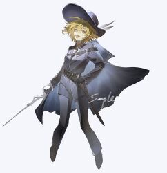 Rule 34 | 1girl, bare shoulders, belt, black belt, black footwear, black gloves, black necktie, blonde hair, blue cape, blue hat, blue jacket, blue pants, cape, collared shirt, don quixote (project moon), gloves, hat, highres, holding, holding sword, holding weapon, jacket, limbus company, long sleeves, looking at viewer, necktie, open mouth, pants, project moon, rapier, sheath, shirt, shoes, simple background, smile, solo, sona (lnjixn), sword, weapon, white background, white shirt, wing collar, yellow eyes