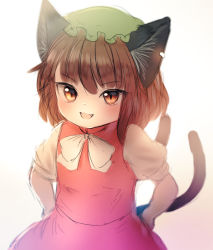 Rule 34 | 1girl, :d, animal ear fluff, animal ears, blurry, blush, bow, bowtie, brown hair, cat ears, cat tail, chen, depth of field, earrings, fang, flat chest, gradient background, green hat, hands on own hips, hat, highres, jewelry, looking at viewer, mob cap, nekomata, niwaniwatori, open mouth, puffy short sleeves, puffy sleeves, red skirt, red vest, short hair, short sleeves, simple background, single earring, sketch, skirt, smile, solo, tail, touhou, vest, white background, white bow, white bowtie