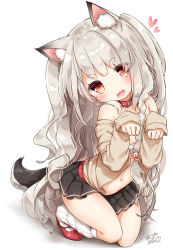 Rule 34 | 1girl, :3, :d, animal ears, anzu ame, azur lane, bare shoulders, black skirt, blush, braid, brown shirt, collar, dog ears, dog girl, dog tail, fang, hair ornament, head tilt, heart, long hair, long sleeves, looking at viewer, loose socks, navel, one side up, open mouth, pleated skirt, red collar, red footwear, sarashi, shirt, side braid, signature, silver hair, simple background, skirt, sleeves past wrists, smile, socks, solo, tail, thick eyebrows, very long hair, white background, white socks, wolf ears, yuudachi (azur lane)