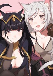 Rule 34 | 2girls, animal ear fluff, animal ears, blush, breasts, cat day, cat ears, cat girl, cat tail, cleavage, fire emblem, fire emblem awakening, gloves, highres, kemonomimi mode, large breasts, long hair, looking at viewer, medium breasts, multiple girls, nintendo, open mouth, paw pose, peach11 01, robin (female) (fire emblem), robin (fire emblem), smile, tail, tharja (fire emblem), twintails, white hair