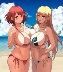 Rule 34 | 2girls, alternate costume, arm up, bare shoulders, beach, bikini, blood, breast press, breasts, cleavage, day, gem, hand on own hip, hero (do-belman), highres, huge breasts, long hair, multiple girls, mythra (xenoblade), navel, nintendo, open mouth, pyra (xenoblade), red bikini, red eyes, red hair, sand, short hair, sky, smile, swimsuit, symmetrical docking, v, water, white bikini, xenoblade chronicles (series), xenoblade chronicles 2, xenoblade chronicles (series), xenoblade chronicles 2, yellow eyes