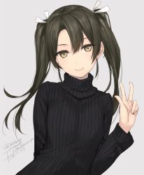 Rule 34 | 1girl, black sweater, brown hair, casual, closed mouth, dated, grey background, hair ribbon, hand up, kantai collection, long hair, ribbed sweater, ribbon, rokuwata tomoe, sidelocks, signature, simple background, smile, solo, sweater, turtleneck, turtleneck sweater, twintails, twitter username, upper body, w, white ribbon, zuikaku (kancolle)