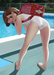 Rule 34 | 1girl, ass, backpack, bag, bare arms, bare legs, bare shoulders, barefoot, bent over, blush, breasts, brown eyes, brown hair, child, commentary request, crocs, from behind, full body, hat, highres, kneepits, legs, looking at viewer, looking back, mu-pyon, one-piece swimsuit, open mouth, original, outdoors, pool, randoseru, red footwear, shoes, short hair, small breasts, solo, swimsuit, twitter username
