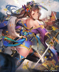 Rule 34 | 1girl, 2boys, back, bare shoulders, boots, brown eyes, brown hair, closed mouth, floral print, from behind, hair ornament, high heel boots, high heels, holding, holding sword, holding weapon, japanese clothes, katana, kimono, liduke, looking at viewer, looking back, multiple boys, obi, off shoulder, official art, outdoors, purple kimono, sash, sengoku saga, short kimono, smile, solo focus, standing, standing on one leg, sword, thigh boots, thighhighs, twintails, watermark, weapon