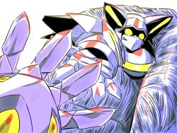 Rule 34 | artist request, commentary request, granbelm, looking at viewer, mecha, no humans, pov, pov hands, reaching, restrained, robot, sketch, viola katze, white background, yellow eyes