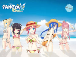 Rule 34 | 5girls, arin, armpits, arms behind head, ass, back, beach, bikini, bingsang, black hair, blonde hair, blue eyes, blue hair, blush, bracelet, braid, breasts, cecilia, cecilia (pangya), cleavage, cloud, day, double bun, eyewear on head, female focus, flat chest, front-tie top, frown, hana, hana (pangya), hand on own hip, own hands clasped, hat, hip focus, jewelry, kooh, lineup, long hair, looking back, lucia, lucia (pangya), medium breasts, multiple girls, nail polish, outdoors, own hands together, pangya, pink eyes, pink hair, pink nails, polka dot, polka dot bikini, polka dot swimsuit, ponytail, purple eyes, red eyes, short hair, side-tie bikini bottom, sky, smile, straw hat, submerged, sunglasses, swimsuit, wading, wallpaper, water, waving