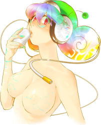 Rule 34 | 1girl, bad id, bad pixiv id, breasts, female focus, glasses, headphones, large breasts, mouse (computer), multicolored hair, multicolored nails, nail polish, nipples, original, red eyes, simple background, solo, white background, yumiya