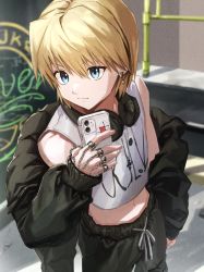 Rule 34 | 1boy, absurdres, akira (nupekwa), alternate costume, bad id, bad twitter id, bishounen, blonde hair, chain, cropped shirt, feet out of frame, from above, green eyes, hair between eyes, headphones, headphones around neck, highres, holding, holding phone, hunter x hunter, jacket, jacket partially removed, kurapika, male focus, midriff, phone, short hair, smile, solo, tank top, white tank top