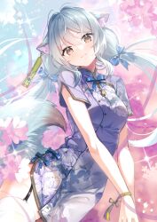 07touka25 animal_ears bell black_garter_straps bracelet brown_eyes china_dress chinese_clothes dress earrings garter_straps grey_hair highres jewelry long_hair looking_at_viewer original short_sleeves tail thighhighs twintails white_thighhighs