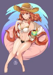 Rule 34 | 1girl, arm up, artist logo, barefoot, bikini, celica (fire emblem), choker, cup, earrings, fire emblem, fire emblem echoes: shadows of valentia, gold choker, gold trim, grey background, hat, highres, holding, holding cup, jewelry, nintendo, orange hair, red eyes, red hair, revolverwing, seashell, shell, shell earrings, sitting, straw hat, swimsuit, white bikini