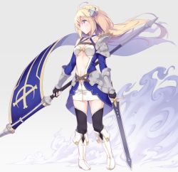 Rule 34 | 1girl, ahoge, bare shoulders, black gloves, black thighhighs, blonde hair, blue dress, blue eyes, blush, boots, braid, breasts, center opening, character cutout, collar, collarbone, commentary request, dress, fantasy, fingerless gloves, full body, gauntlets, gloves, hair ornament, holding, holding sword, holding weapon, itoichi., long hair, looking to the side, medium breasts, navel, original, solo, sword, thighhighs, underboob, weapon