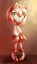 Rule 34 | 1girl, alternate costume, amy rose, animal ears, animal nose, artist name, blush, bow, bowtie, closed mouth, cross-laced footwear, female focus, flat chest, full body, furry, furry female, green eyes, hairband, heart, high heels, light blush, long sleeves, looking to the side, miniskirt, pigeon-toed, pink hair, pleated skirt, red bow, red bowtie, red footwear, red hairband, red skirt, shirt, shoes, short hair, signature, skirt, solo, sonic (series), spacecolonie, standing, tumblr username, watermark, web address, white shirt