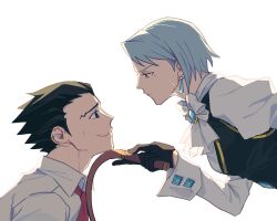 1boy 1girl ace_attorney ascot black_gloves black_hair black_vest blue_hair demorzel earrings franziska_von_karma gloves highres holding holding_weapon holding_whip jewelry light_blue_hair mole mole_under_eye necktie nervous_smile phoenix_wright red_necktie shirt short_hair simple_background smile spiked_hair sweat teardrop_earrings vest weapon white_ascot white_background white_shirt