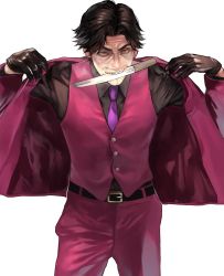 Rule 34 | 1boy, black gloves, black hair, black shirt, blouse, dagger, ear piercing, facial hair, fangs, formal, gloves, goatee, highres, holding, holding weapon, in mouth, jacket, knife, leather, leather gloves, lips, male focus, manly, mature male, necktie, nishitani homare, pants, piercing, purple necktie, red eyes, red jacket, red pants, ryuu ga gotoku (series), ryuu ga gotoku 0, samuraisamurai, shirt, short hair, tongue, tongue out, upper body, vest, weapon, yakuza