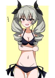Rule 34 | 1girl, absurdres, anchovy (girls und panzer), bikini, black bikini, black ribbon, blush, breasts, cleavage, commentary, cowboy shot, drill hair, girls und panzer, gluteal fold, green hair, groin, hair ribbon, halterneck, hand on own ass, highres, long hair, looking at viewer, medium breasts, motti (motthi0711), open mouth, red eyes, ribbon, side-tie bikini bottom, smile, solo, standing, sweatdrop, swimsuit, twin drills, twintails, yellow background