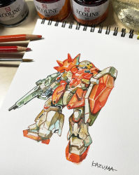 Rule 34 | art tools in frame, artist name, colored pencil, colored pencil (medium), gun, gundam, gundam hathaway&#039;s flash, highres, holding, holding gun, holding shield, holding weapon, jar, kazuma (dokurinngos2), mecha, messer (mobile suit), mobile suit, pencil, photo (medium), robot, science fiction, shield, solo, traditional media, weapon, yellow eyes