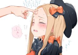 Rule 34 | 1girl, abigail williams (fate), afterimage, black bow, black dress, black headwear, blonde hair, blush, bow, closed eyes, commentary request, dress, fate/grand order, fate (series), flying sweatdrops, forehead, gomennasai, hair bow, hat, long hair, multiple bows, open mouth, orange bow, out of frame, parted bangs, polka dot, polka dot bow, simple background, solo focus, stuffed animal, stuffed toy, sweat, teddy bear, teeth, tickling, tickling face, translation request, trembling, upper body, upper teeth only, wavy mouth, white background