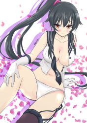 Rule 34 | 10s, 1girl, arm support, asymmetrical legwear, black hair, breasts, cleavage, female focus, gloves, kantai collection, large breasts, long hair, looking at viewer, mismatched legwear, open clothes, open shirt, panties, ponytail, red eyes, sata (sat), shirt, sitting, smile, solo, thighhighs, underwear, white panties, yahagi (kancolle)