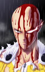 Rule 34 | 1boy, angry, arabic commentary, artist name, bald, black eyes, blood, blood on face, bodysuit, cape, closed mouth, collarbone, commentary, english commentary, glowing, glowing eye, highres, luffy1m, male focus, mixed-language commentary, one-punch man, outdoors, rain, saitama (one-punch man), solo, white cape, yellow bodysuit