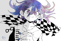 Rule 34 | 1boy, ahirumamire, checkered clothes, checkered scarf, closed mouth, collarbone, danganronpa (series), danganronpa v3: killing harmony, dot nose, hair between eyes, jacket, looking at viewer, lying, male focus, monochrome, oma kokichi, on back, purple eyes, purple hair, scarf, short hair, smile, solo, spot color, tears, upper body