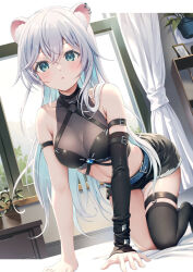 Rule 34 | 1girl, all fours, animal ears, aone ioru, arm strap, bare shoulders, belt, black shirt, black shorts, black thighhighs, blue eyes, breasts, cat ears, cleavage, colored inner hair, criss-cross halter, crop top, detached sleeves, ear piercing, halterneck, highres, indie virtual youtuber, long hair, long sleeves, looking at viewer, medium breasts, midriff, multicolored hair, navel, parted lips, piercing, revealing clothes, see-through, see-through cleavage, shirt, short shorts, shorts, single detached sleeve, single thighhigh, skindentation, sleeveless, sleeveless shirt, solo, stomach, thigh strap, thighhighs, thighs, virtual youtuber, white hair, yoshino ryou