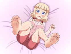 Rule 34 | 1girl, blonde hair, blue eyes, blush, feet, foot focus, long hair, looking at viewer, lying, new game!, nush advance, open mouth, sakura nene, shorts, soles, solo, sweat, toes
