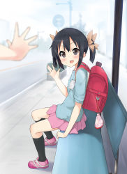 Rule 34 | 1girl, :d, aged down, backpack, bag, bench, black eyes, black hair, highres, k-on!, kneehighs, masamuuu, nakano azusa, open mouth, pov, randoseru, shoes, short hair, short twintails, sitting, skirt, smile, sneakers, socks, solo focus, twintails, waving