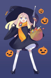 Rule 34 | 1girl, blonde hair, blue background, blue eyes, bucket, candy, carrying, fang, finger on trigger, food, gun, hair between eyes, halloween, handgun, hat, holding, jack-o&#039;-lantern, long hair, looking at viewer, original, simple background, solo, thighhighs, usatsuka eiji, weapon, white thighhighs, witch hat
