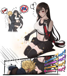 Rule 34 | 1boy, 1girl, ?, absurdres, arm around shoulder, arm guards, armor, azezazel, bare shoulders, bench, black gloves, black hair, black skirt, black sports bra, black thighhighs, blonde hair, blue sweater, blush, breasts, carrying, carrying person, cloud strife, commentary, couple, crop top, ear blush, earrings, elbow gloves, english commentary, final fantasy, final fantasy vii, final fantasy vii remake, fingerless gloves, flying sweatdrops, gloves, hair behind ear, health bar, highres, jewelry, lap pillow, lap pillow invitation, large breasts, light blush, long hair, low-tied long hair, midriff, navel, parted lips, red eyes, resting, ribbed sweater, seiza, shoulder armor, signature, single earring, sitting, skirt, sleeveless, sleeveless turtleneck, sparkle, speed lines, spiked hair, spoken question mark, sports bra, suspender skirt, suspenders, sweater, swept bangs, tank top, teardrop earrings, thighhighs, tifa lockhart, turtleneck, turtleneck sweater, twitter username, very long hair, white background, white tank top, zettai ryouiki