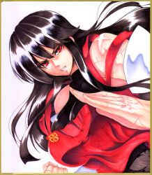 Rule 34 | 1girl, angry, bare shoulders, black hair, breasts, clenched hand, clover, detached sleeves, dutch angle, fighting stance, four-leaf clover, japanese clothes, large breasts, leotard, long hair, looking at viewer, nontraditional miko, open mouth, red eyes, scar, sendai hakurei no miko, skin tight, solo, teeth, touhou, traditional media, warugaki (sk-ii)