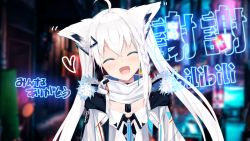 Rule 34 | 1girl, ahoge, animal ears, bilibili, black bra, black choker, blurry, blurry background, blush, bra, braid, chinese text, choker, closed eyes, collarbone, commentary request, dog tags, earrings, facing viewer, fox ears, fox girl, fur trim, hair between eyes, heart, hololive, jacket, jewelry, long hair, nagishiro mito, official alternate costume, official art, open clothes, open jacket, open mouth, second-party source, shirakami fubuki, shirakami fubuki (fubukitek), shirt, sidelocks, single braid, smile, solo, thank you, traditional chinese text, twintails, underwear, virtual youtuber, white hair, white jacket, white shirt