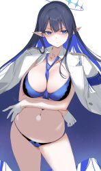 Rule 34 | 1girl, arms under breasts, between breasts, black hair, blue archive, blue bra, blue eyeliner, blue eyes, blue hair, blue necktie, blue panties, bow, bow panties, bra, breasts, cleavage, crossed arms, earrings, epaulettes, ev (dai00888), eyeliner, frown, gloves, halo, highres, jacket, jacket on shoulders, jewelry, lace, lace-trimmed bra, lace trim, large breasts, multicolored hair, navel, necktie, necktie between breasts, no eyewear, panties, pointy ears, rin (blue archive), shaded face, solo, star (symbol), star earrings, underwear, white background, white gloves, white jacket
