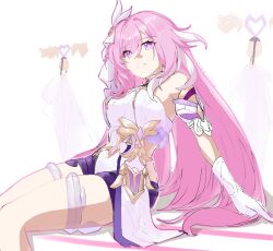 Rule 34 | 1girl, absurdres, baiyunanni, bare shoulders, detached sleeves, dress, elysia (honkai impact), feet out of frame, gloves, grin, hair ornament, highres, honkai (series), honkai impact 3rd, long hair, looking at viewer, pink hair, purple eyes, short sleeves, sitting, smile, solo, strapless, strapless dress, thighs, very long hair, white dress, white gloves