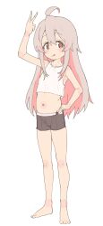 Rule 34 | 1girl, :p, absurdres, ahoge, arm up, bare legs, barefoot, black male underwear, blush, boxers, brown eyes, closed mouth, colored inner hair, dot nose, full body, genderswap, genderswap (mtf), grey hair, hair between eyes, hand on own hip, highres, looking at viewer, male underwear, multicolored hair, navel, onii-chan wa oshimai!, oyama mahiro, pink hair, s10021, shirt, simple background, solo, standing, tongue, tongue out, underwear, v, white background, white shirt