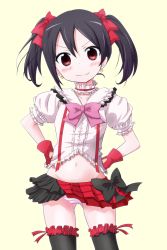 Rule 34 | &gt;:3, 10s, 1girl, :3, black hair, blush, bokura wa ima no naka de, bow, hair bow, highres, hottan!, looking at viewer, love live!, love live! school idol project, navel, panties, pantyshot, red eyes, short hair, simple background, skirt, smile, solo, striped clothes, striped panties, thighhighs, twintails, underwear, upskirt, v-shaped eyebrows, yazawa nico