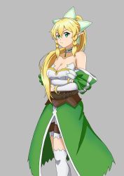 Rule 34 | 1girl, bare shoulders, blonde hair, bracelet, breasts, bustier, cape, choker, cleavage, closed mouth, collarbone, detached sleeves, frown, green cape, green eyes, grey background, hair between eyes, hair over shoulder, highres, jewelry, ken-ji, large breasts, leafa, long hair, long sleeves, pointy ears, shorts, simple background, solo, standing, sword art online, thighhighs, very long hair, waist cape, white choker, white shorts, white sleeves, white thighhighs, zettai ryouiki