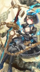 Rule 34 | 1girl, absurdres, alice (sinoalice), armor, armored dress, belt, black hair, black legwear, blue eyes, bob cut, book, breasts, chain, cleavage, detached collar, dress, elbow gloves, eyelashes, frills, full body, gloves, highres, holding, holding weapon, knees together feet apart, light particles, looking at viewer, pale skin, patterned clothing, puffy short sleeves, puffy sleeves, red eyes, short hair, short sleeves, sinoalice, sitting, solo, sword, weapon, yumeichigo alice