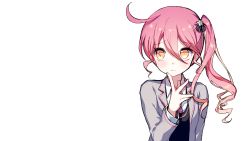 Rule 34 | 1girl, ahoge, blazer, blush, bright pupils, closed mouth, drill hair, finger to face, grey jacket, hair between eyes, hair ornament, jacket, light frown, long hair, long sleeves, looking at viewer, mechuragi, necktie, open clothes, open jacket, pink hair, pink necktie, raised eyebrows, school uniform, side ponytail, sidelocks, star (symbol), star hair ornament, uni (vocaloid), upper body, vocaloid, yellow eyes